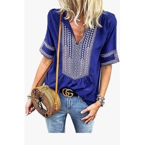 Boho Embroidered V Neck Short Sleeve Loose Blouse
